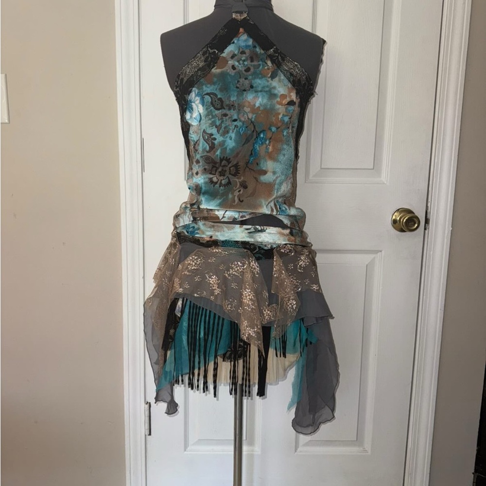 Turquoise and Taupe Floral Halter Dress with Fringe